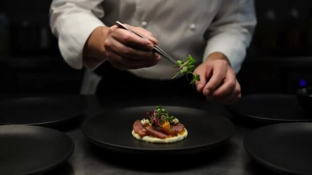 Chef plating gourmet pizza with fresh garnish. Professional cook preparing artisanal flatbread with toppings in dim kitchen lighting.