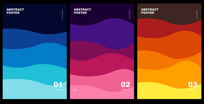 Set of three abstract posters with wavy fluid shapes in vibrant blue, purple, and warm orange gradient color palettes. Vector illustration.