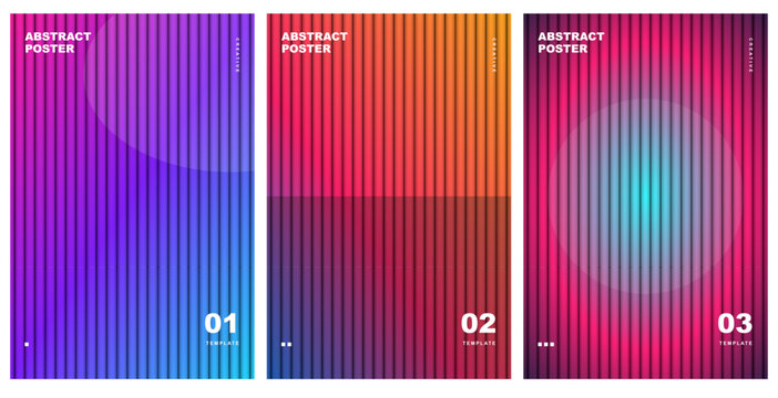 Set of three abstract posters with vertical line patterns and vibrant color gradients in purple, pink, and cyan. Vector illustration.