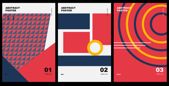 Set of three abstract posters with geometric shapes, patterns, and vibrant colors in a modern minimalist style. Vector illustration.