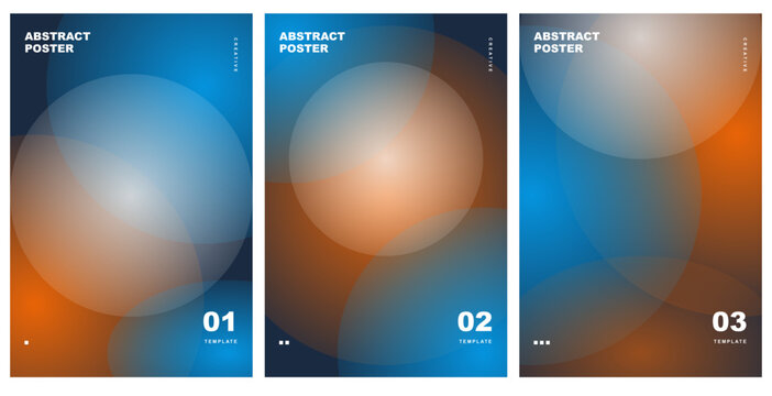 Set of three abstract posters with overlapping circular shapes and soft glowing gradient light effects in blue and orange. Vector illustration.