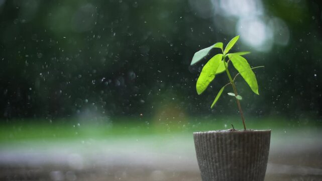 Little tree with raining on rainy day in green park outdoor