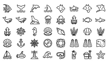 Marine Life Outline Icon Bundle Ocean Wildlife Editable Vector Illustration © MdAsif