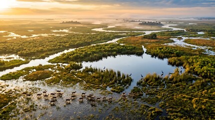 Obraz premium Golden Wetlands: Breathtaking Aerial View of Bangweulu Swamps at Sunrise with Wildlife and Winding Waterways