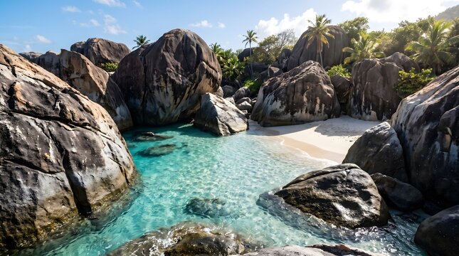 Tropical Sanctuary: Enormous Granite Boulders Enclosing a Turquoise Lagoon and White Sand Beach at The Baths