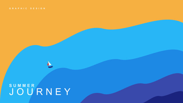 Summer journey graphic design with abstract wavy layers and a small sailboat. Vector illustration.