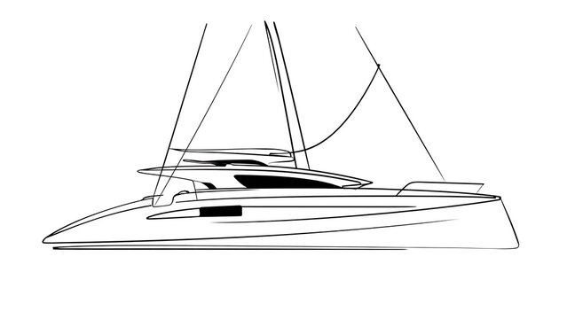 Sleek catamaran sailboat line art white background.