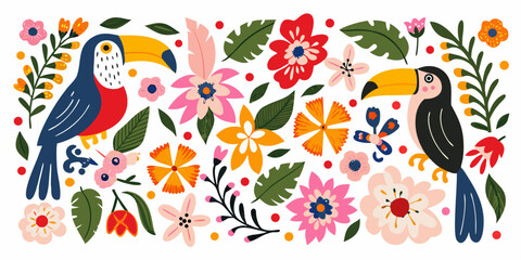 Obraz premium Toucans And Tropical Flowers A Colorful Vector Illustration
