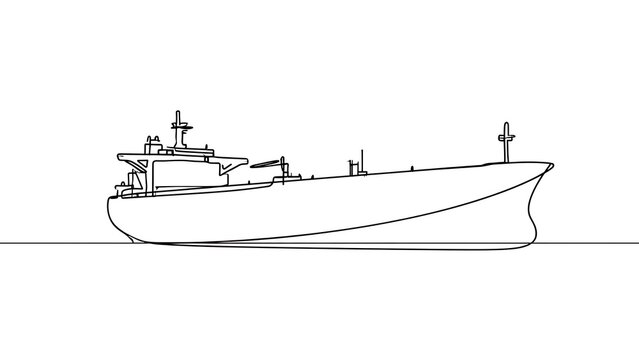 Large cargo ship line drawing white background.