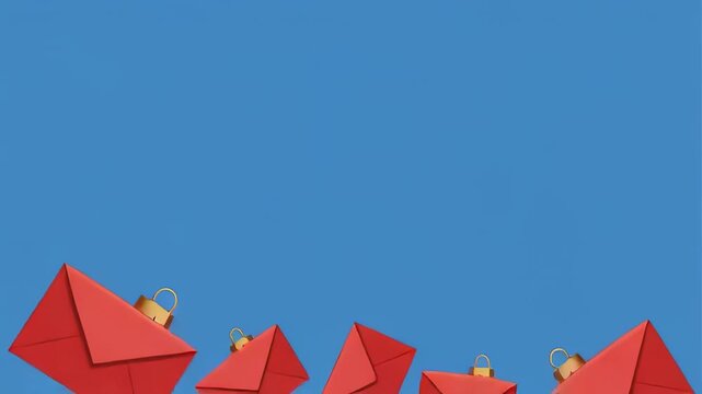 Red envelopes cascade downwards against a clear blue sky during a joyous celebration
