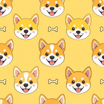 Cute dog breed faces doodle background with corgis