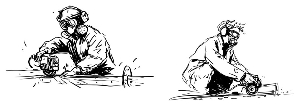 Industrial workers cutting metal pipes with angle grinders in loose hand drawn ink sketch style