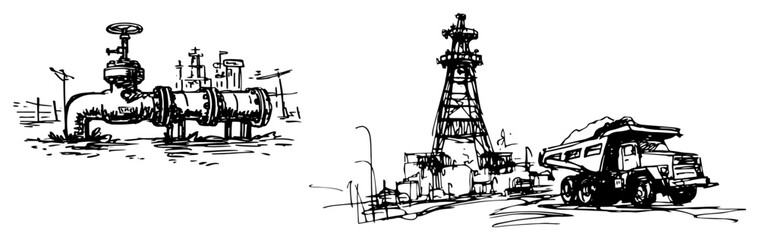 Mining dump truck and industrial derrick with pipeline valves in hand drawn sketch style © AdrianGebert