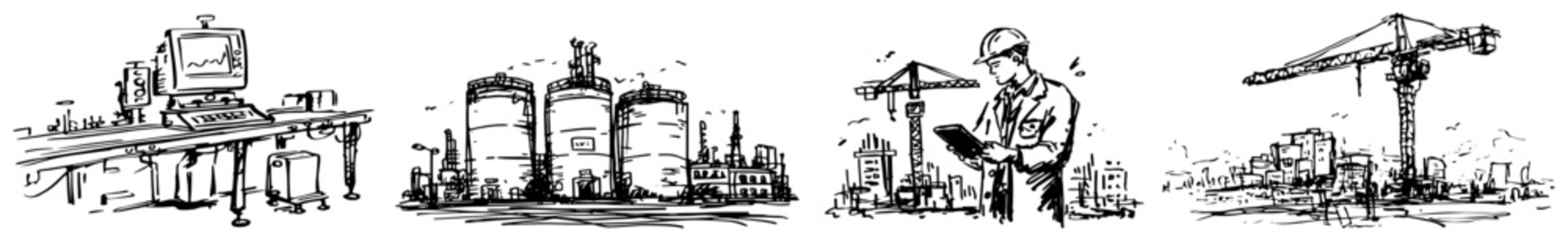 Industrial and construction development sketches collection with engineer cranes and silos in hand drawn style
