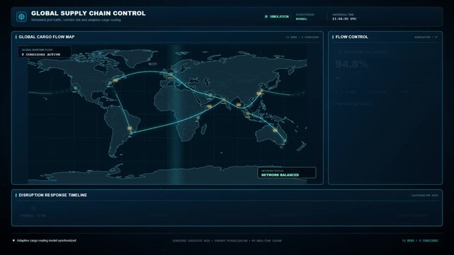 Global supply chain control dashboard with world map cargo shipping routes and flow monitoring