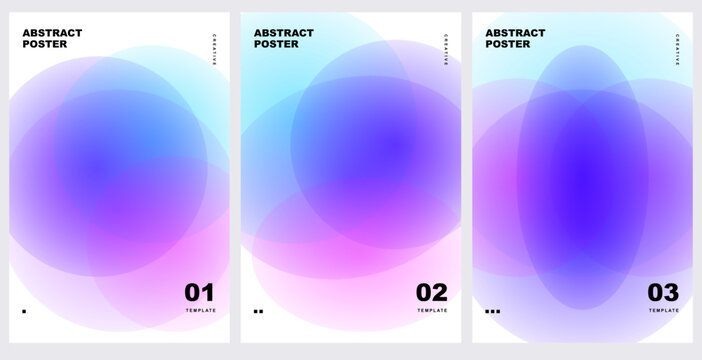 Set of abstract posters with soft blurred circle shapes and pastel gradient color overlays, modern minimalist design templates for business or creative projects. Vector illustration.