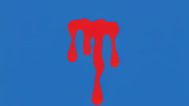 Red liquid drops falling in slow motion against a blue backdrop with black horizontal bands