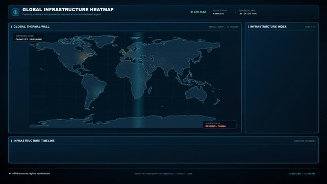 Global infrastructure heatmap dashboard with world map thermal hotspots and monitoring index