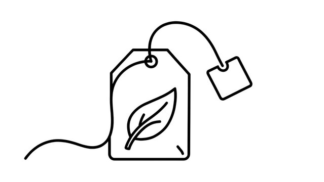 Tea bag with leaf icon on white background.