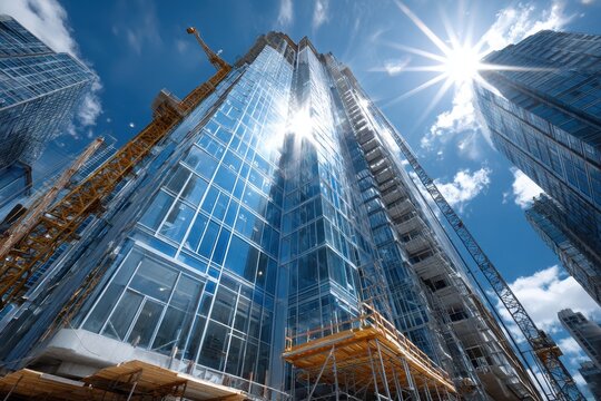 Modern skyscraper under construction with crane and sun
