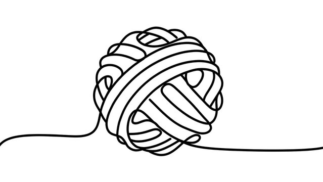 Tangled yarn ball on white background.