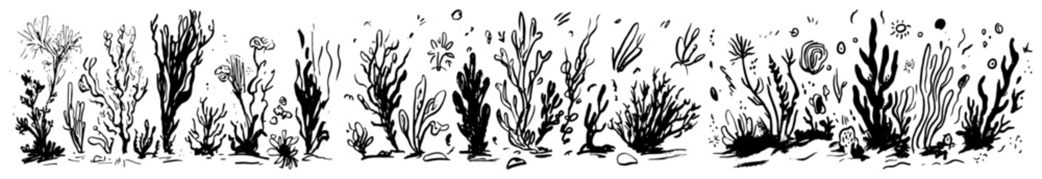Underwater sea plants and coral reef flora in decorative ink sketch style