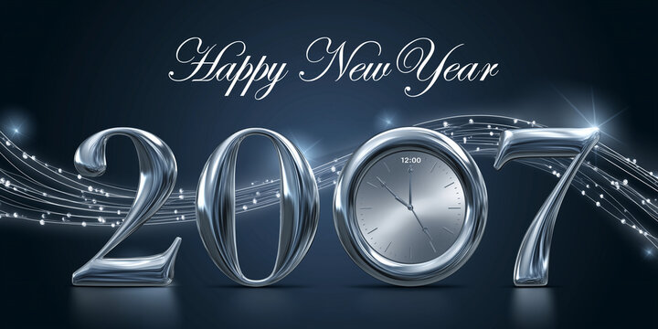 Happy New Year 2007 celebration with sparkling metallic numbers. Festive chrome digits for year-end party and holiday greeting cards.