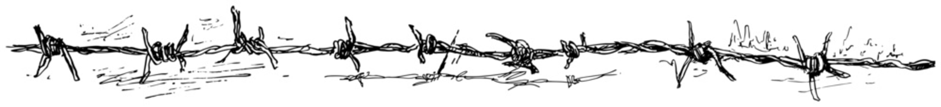 Barbed wire fence stretching horizontally in panoramic loose hand drawn ink sketch style