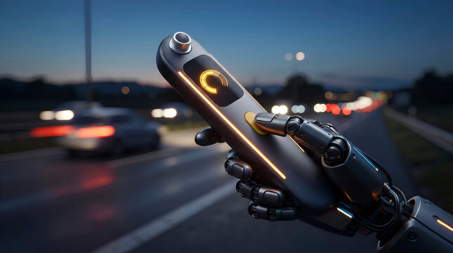 Robotic hand holding a breathalyzer. AI robot testing alcohol levels on a highway at night.