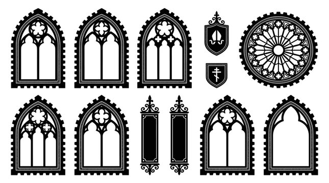 Set of gothic cathedral windows and rose window architecture elements, medieval stone arch designs, intricate stone tracery, historical building