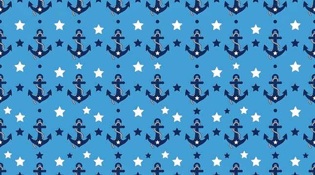 Seamless nautical pattern with anchors and stars on blue background