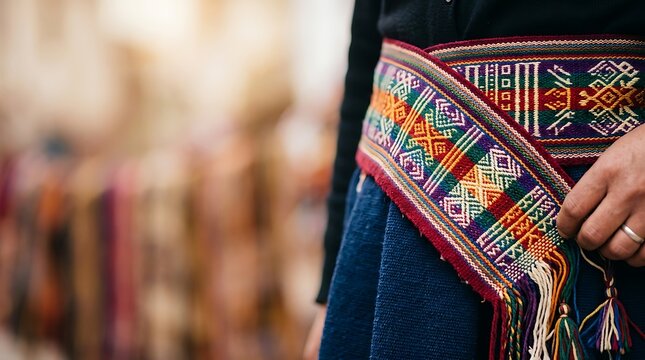 Close up of colorful traditional handwoven andean ethnic belt