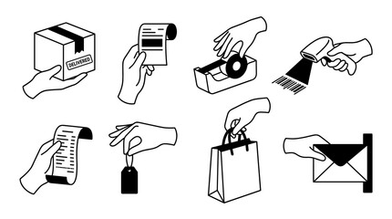 Fototapeta premium Set of hand icons illustrating shipping and delivery actions, including parcel handling, receipt holding, tape application, barcode scanning