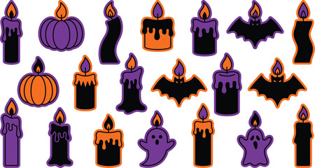 Obraz premium Spooky Halloween candle stickers set with bats pumpkins and ghosts vector icon