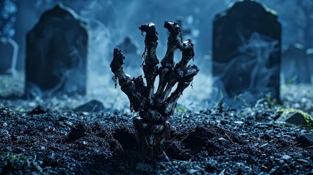 Zombie Hand Emerging from Graveyard at Night - A skeletal hand, covered in decaying flesh, emerges from the dark soil of a graveyard.