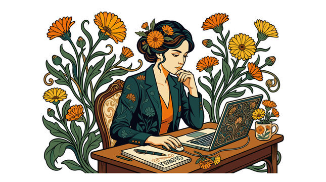 Illustration of a woman working at a desk with calendula flowers