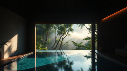 Fototapeta premium Luxury indoor swimming pool with scenic tropical forest view at sunrise