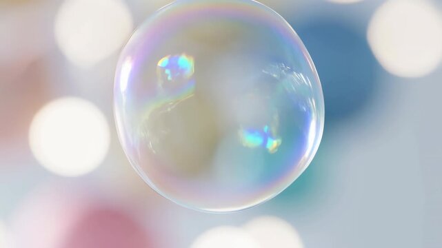 Iridescent soap bubble drifting upward across pastel bokeh background with shifting prismatic highlights, glossy thin film, delicate rainbow sheen, smooth circular form