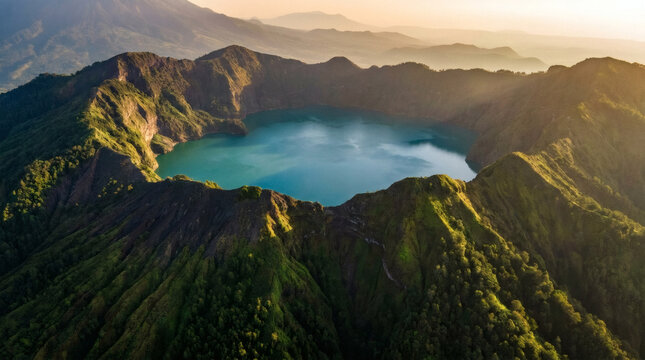 Expansive aerial view of a tropical volcanic caldera featuring a vivid crater lake, rugged terrain, lush vegetation, and distant mountain ranges.