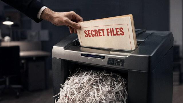 A person shredding secret files in an office setting for security and confidentiality
