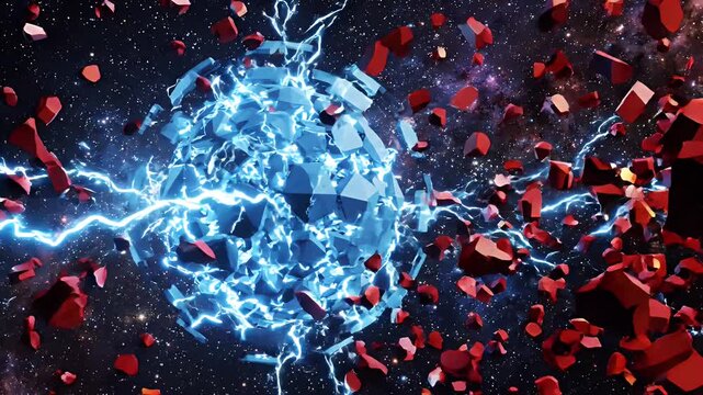 Abstract Digital Energy Burst with Red Debris - A dynamic 3D CGI concept visualizes a powerful burst of blue energy, possibly representing artificial intelligence, shattering red geometric shapes in