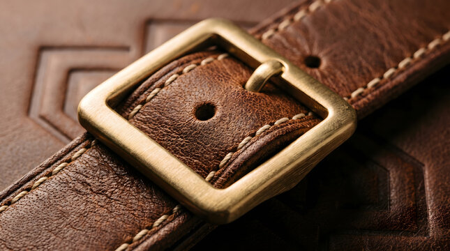 Detailed close up view of a premium brown leather belt strap with a classic square golden brass buckle closure