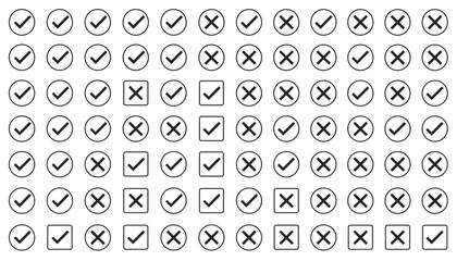 Fototapeta premium Matrix pattern of black checkmarks and crosses in circular and square frames representing correct and incorrect options.