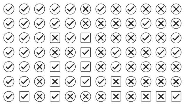 Matrix pattern of black checkmarks and crosses in circular and square frames representing correct and incorrect options.