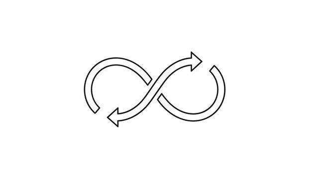 Minimalist black line art of an infinity symbol created by two flowing arrows looping on a white background.