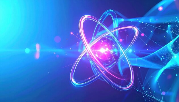 Abstract Atomic Structure with Glowing Particles and Energy.