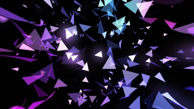 Futuristic geometric motion background with shimmering purple and blue triangles