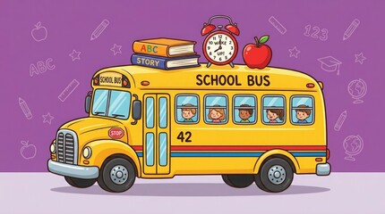 Back to school cheerful yellow school bus with happy kids educational illustration