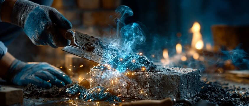 A gloved hand uses a tool to break glowing blue molten rock on a stone block amidst sparks and smoke in a dark workshop.