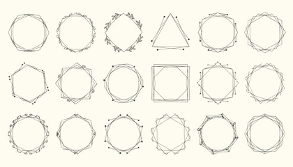 Obraz premium Collection of elegant thin line geometric frames including circles, triangles, and hexagons with delicate floral accents on a beige background.